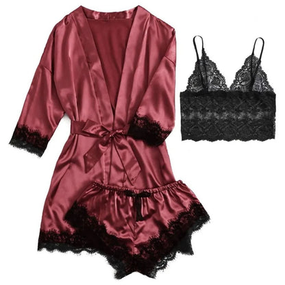 Women Homewear Elegant Satin Pajamas Outfit Bowknot V-Neck Shorts Camisole Nightdress Loose Panties Lace Sleepwear Sets Summer