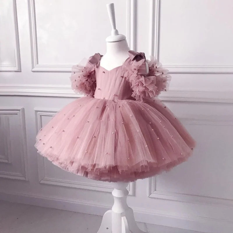 Baby Girls Party Dresses For 1st Birthday Elegant Children Tutu Dresses Pearl Decoration Wedding Flower Girl Princess Vestidos
