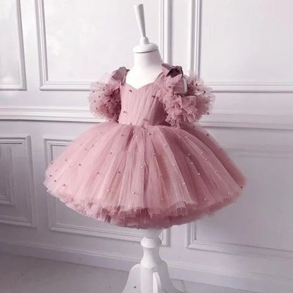 Baby Girls Party Dresses For 1st Birthday Elegant Children Tutu Dresses Pearl Decoration Wedding Flower Girl Princess Vestidos