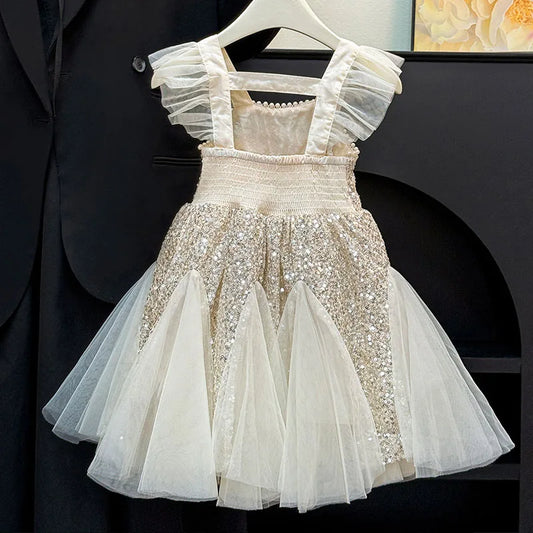 Kids Girl Clothes Sequined Flying Sleeves New Summer Party Dresses For Girls Elegant Mesh Vest Skirt Princess Dress Evening Prom