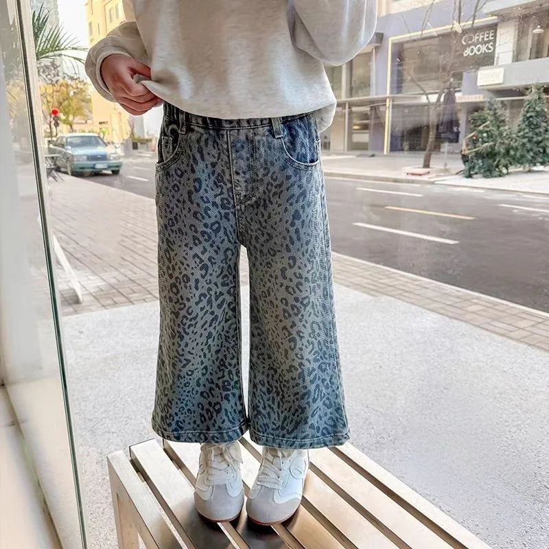 Girls' Pants 2025 New Children's Spring Clothing Spring and Autumn Fashionable Jeans Baby Girl Leopard Print Wide-leg Pants