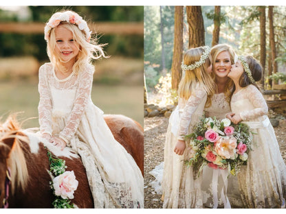 2-12 Year Flower Girl Dresses White Beige Long Sleeve Summer Dress Communion Toddler Kids Christening Wedding Bridesmaid Clothes