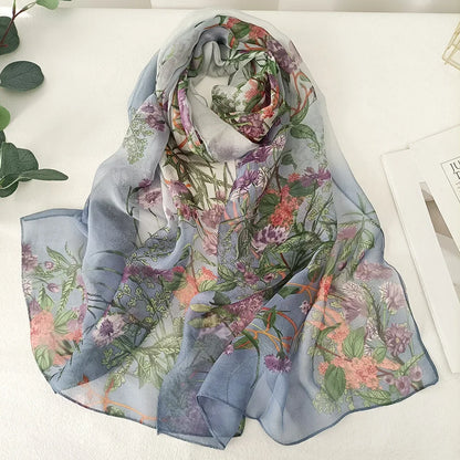 Women Elegant Chiffon Silk Scarves Fashion Versatile Flower Wraps Summer Beach Sunscreen Thin Scarf Georgette Bandana Hijab