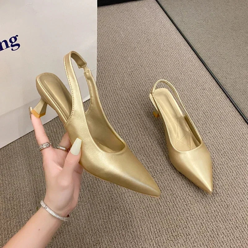 Fashion Female Shoes 2025 New Women's Pumps Solid Color Simple Mid Heel Shoes Sexy Pointed Toe Slingback Elegant Dress Shoes