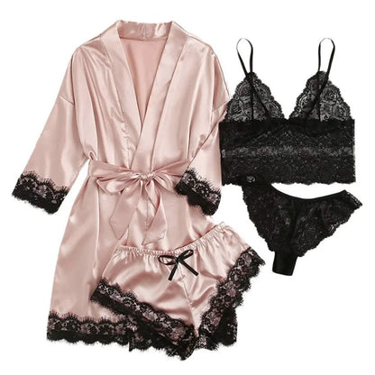 Women Homewear Elegant Satin Pajamas Outfit Bowknot V-Neck Shorts Camisole Nightdress Loose Panties Lace Sleepwear Sets Summer