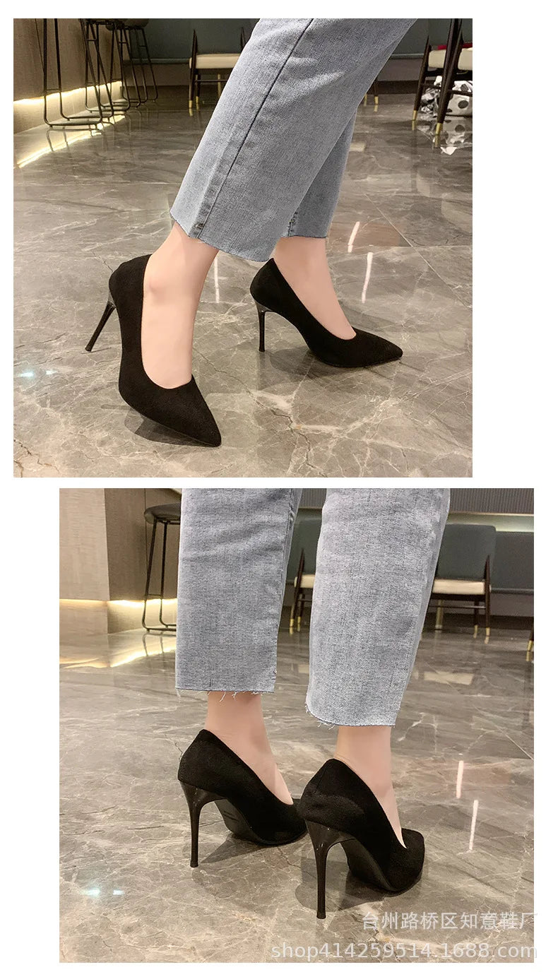 Women's Shoes Concise Flock High Heels Women Pumps Pointed Toe Classic Red Gray Ladies Wedding Shoes Office Big Size 34-43