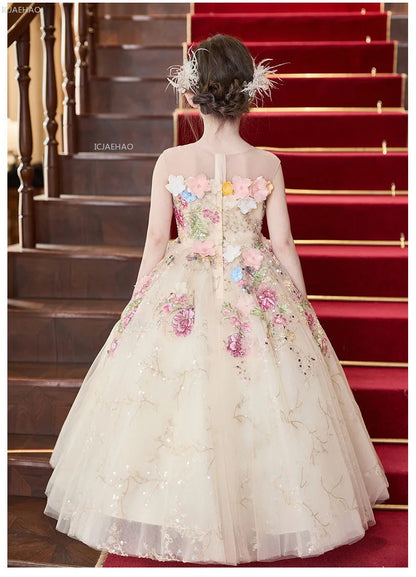 Elegant Girls Party Dress with Flowers for Girl Wedding Children Pageant Gown Dresses Little Host Piano Recital Flower Eids