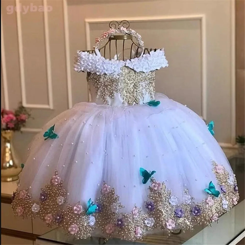 Baby Girls Dresses Off Shoulder Pearls Lace Butterflies Flower Girl Dress Infant First Birthday Party Gown
