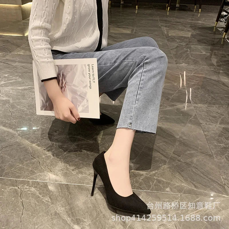 Women's Shoes Concise Flock High Heels Women Pumps Pointed Toe Classic Red Gray Ladies Wedding Shoes Office Big Size 34-43