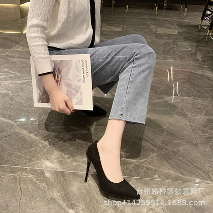 Women's Shoes Concise Flock High Heels Women Pumps Pointed Toe Classic Red Gray Ladies Wedding Shoes Office Big Size 34-43