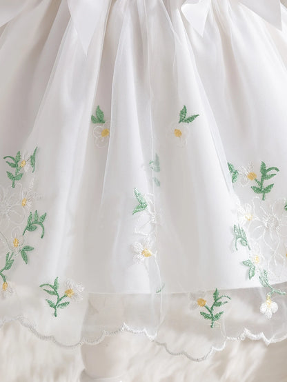 Girl Summer  White Princess Dress |Valentine's Day Gift / Girl Birthday Gift| Floral Embroidery Ruffle Party Dress