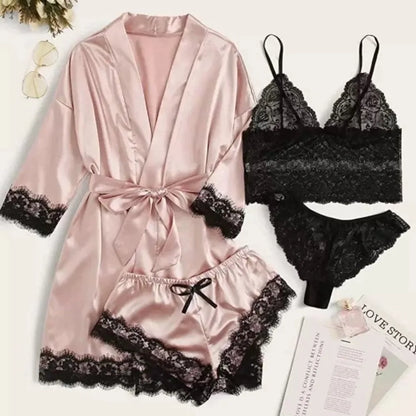 Women Homewear Elegant Satin Pajamas Outfit Bowknot V-Neck Shorts Camisole Nightdress Loose Panties Lace Sleepwear Sets Summer