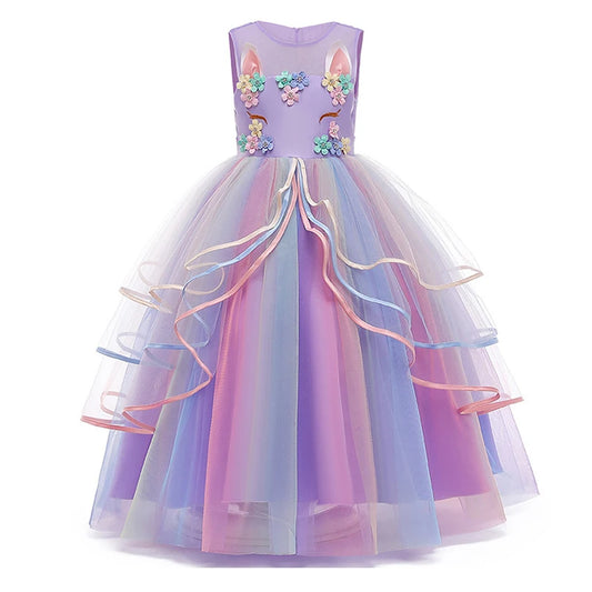 Girls Unicorn Rainbow Wedding Party Dress Cute Baby Girl Birthday Dresses Colorful Princess Dance Performance Cosplay Gown