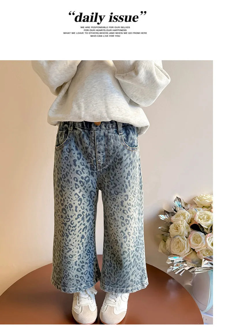 Girls' Pants 2025 New Children's Spring Clothing Spring and Autumn Fashionable Jeans Baby Girl Leopard Print Wide-leg Pants