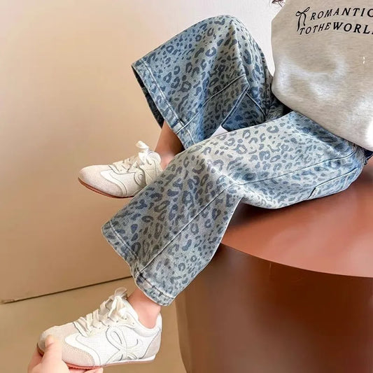 Girls' Pants 2025 New Children's Spring Clothing Spring and Autumn Fashionable Jeans Baby Girl Leopard Print Wide-leg Pants