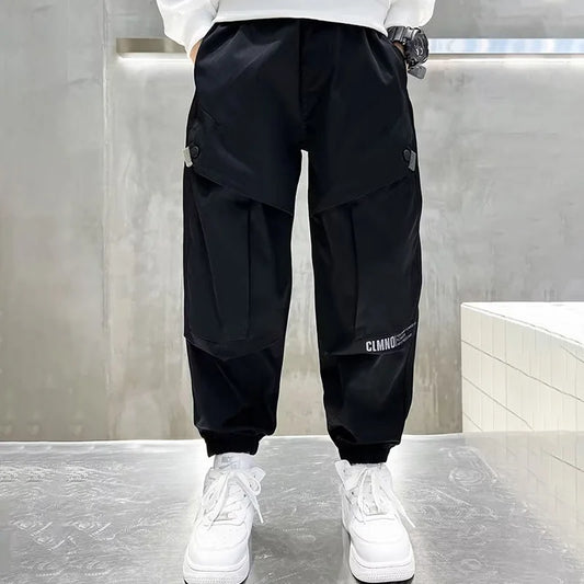 Boys Fashion Letter Print Cotton Cargo Pants 5-14 Years Spring Autumn Casual Sweatpants for Daily Outdoor Kids Clothes