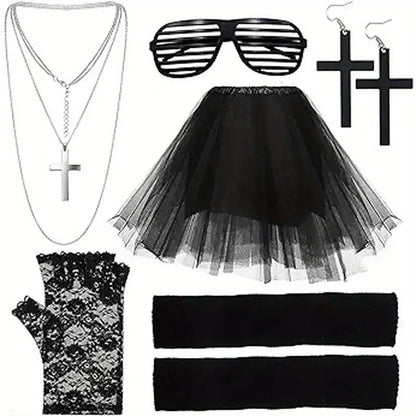 80s women's clothing accessories set includes a pompadour skirt striped glasses lace gloves leg sets earrings and necklaces