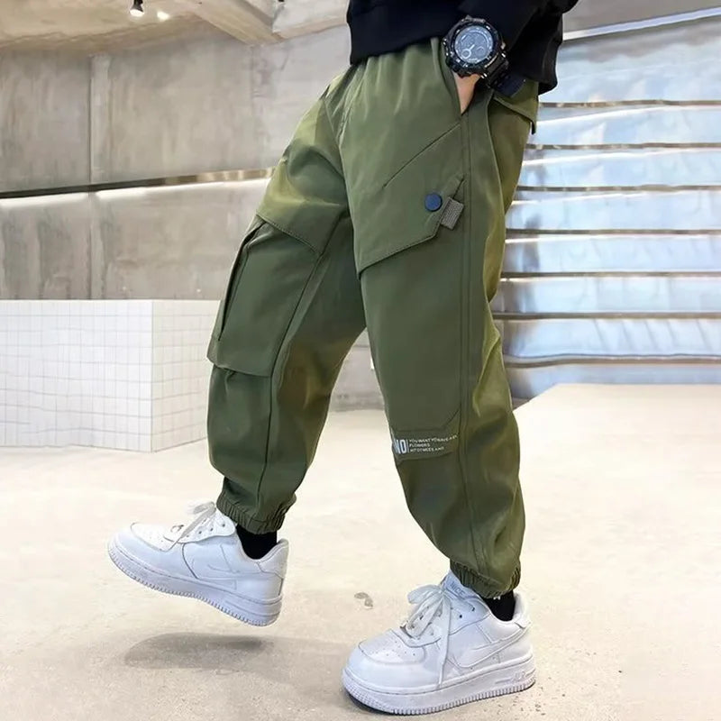 Boys Fashion Letter Print Cotton Cargo Pants 5-14 Years Spring Autumn Casual Sweatpants for Daily Outdoor Kids Clothes