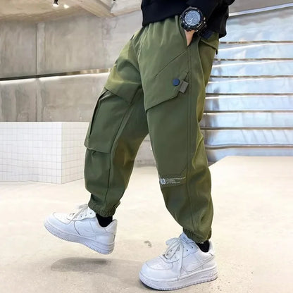 Boys Fashion Letter Print Cotton Cargo Pants 5-14 Years Spring Autumn Casual Sweatpants for Daily Outdoor Kids Clothes
