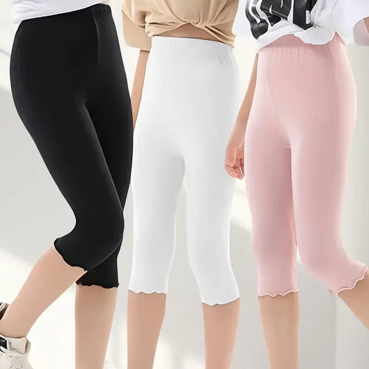3-piece  Girls Tn Summe Sweet And Cute With Fungus Edge 7-point Leggings Basic Versatile Elastic Casual Pants Home Pants