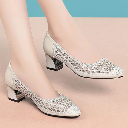 Women's Shoes 2024 Summer New Fashion Mid-heel Hollow Mesh Pumps for Women Black Elegant Party High Heels Shoes Female fashion