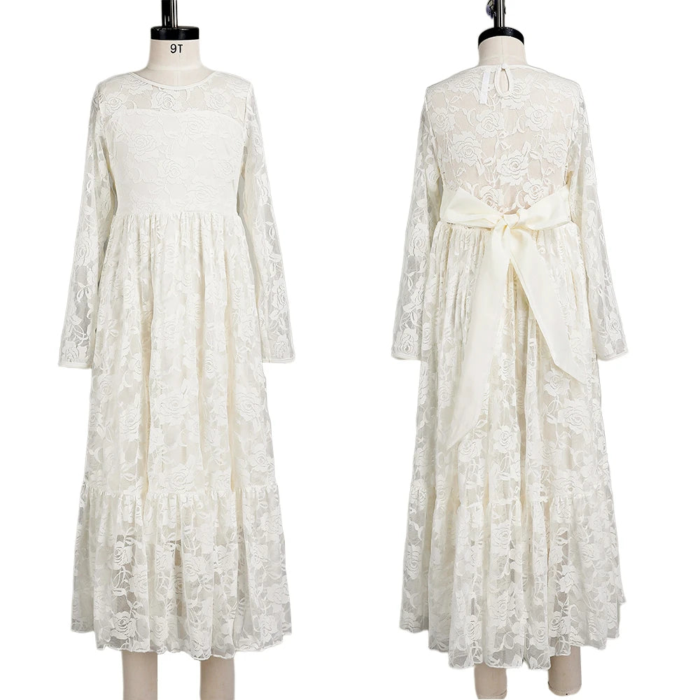 2-12 Year Flower Girl Dresses White Beige Long Sleeve Summer Dress Communion Toddler Kids Christening Wedding Bridesmaid Clothes