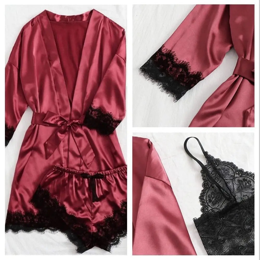 Women Homewear Elegant Satin Pajamas Outfit Bowknot V-Neck Shorts Camisole Nightdress Loose Panties Lace Sleepwear Sets Summer