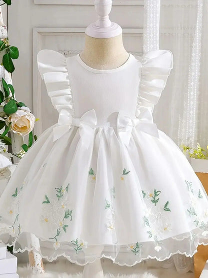 Girl Summer  White Princess Dress |Valentine's Day Gift / Girl Birthday Gift| Floral Embroidery Ruffle Party Dress