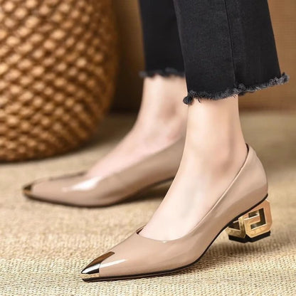 Women's Low-cut Shoes 2025 Spring and Autumn Fashion Low-heeled Pumps Classic Metal Toe Pointed High-heeled Office Shoes.