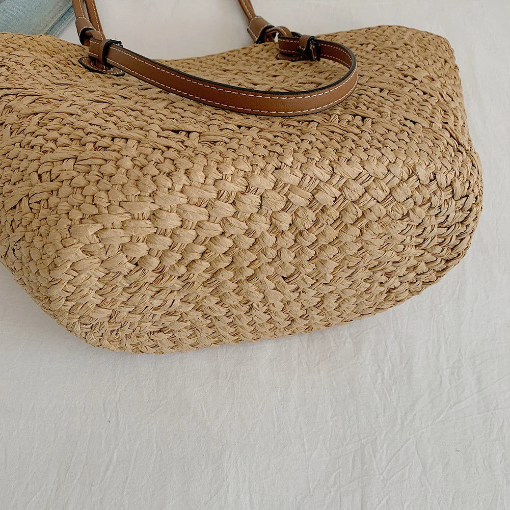 Women Woven Tote Bag Fashion Shoulder Bag Large Capacity Summer Beach Bags Simple Woven Handbag Chic Hobo Bag for Outdoor Travel