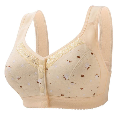 Women'S Underwear Without Steel Ring Bra Front Buckle Lace Border Printed Vest Bra Comfortable Soft Middle-Aged Elderly