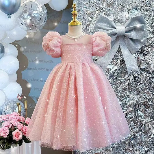 Girls Summer Dress 2025 New Girls Summer Bow Fashionable Princess Dress Polo Little Girls Cartoon Beautiful Dress Kids Clothing